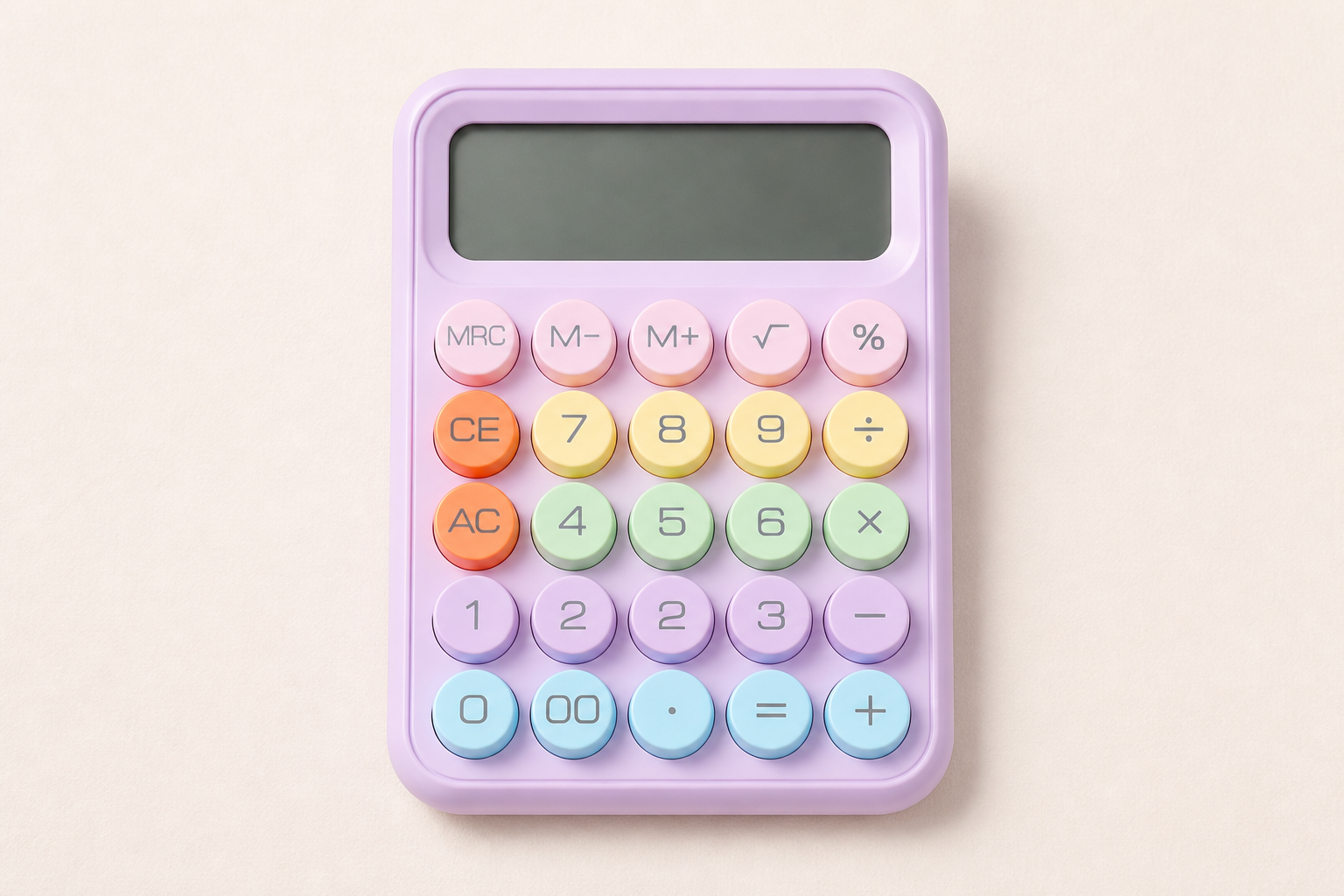Pastel purple calculator with colourful keys