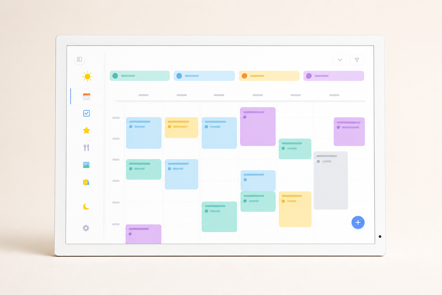 White digital family calendar display with a sharp pastel schedule