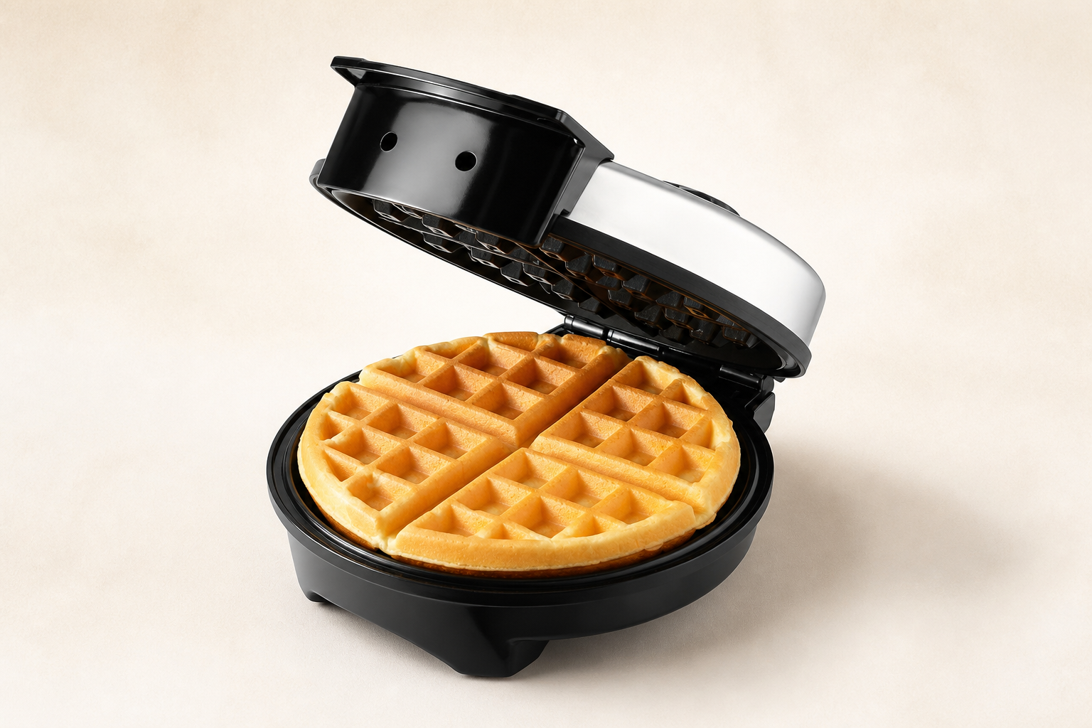 Black Belgian waffle maker with a golden waffle