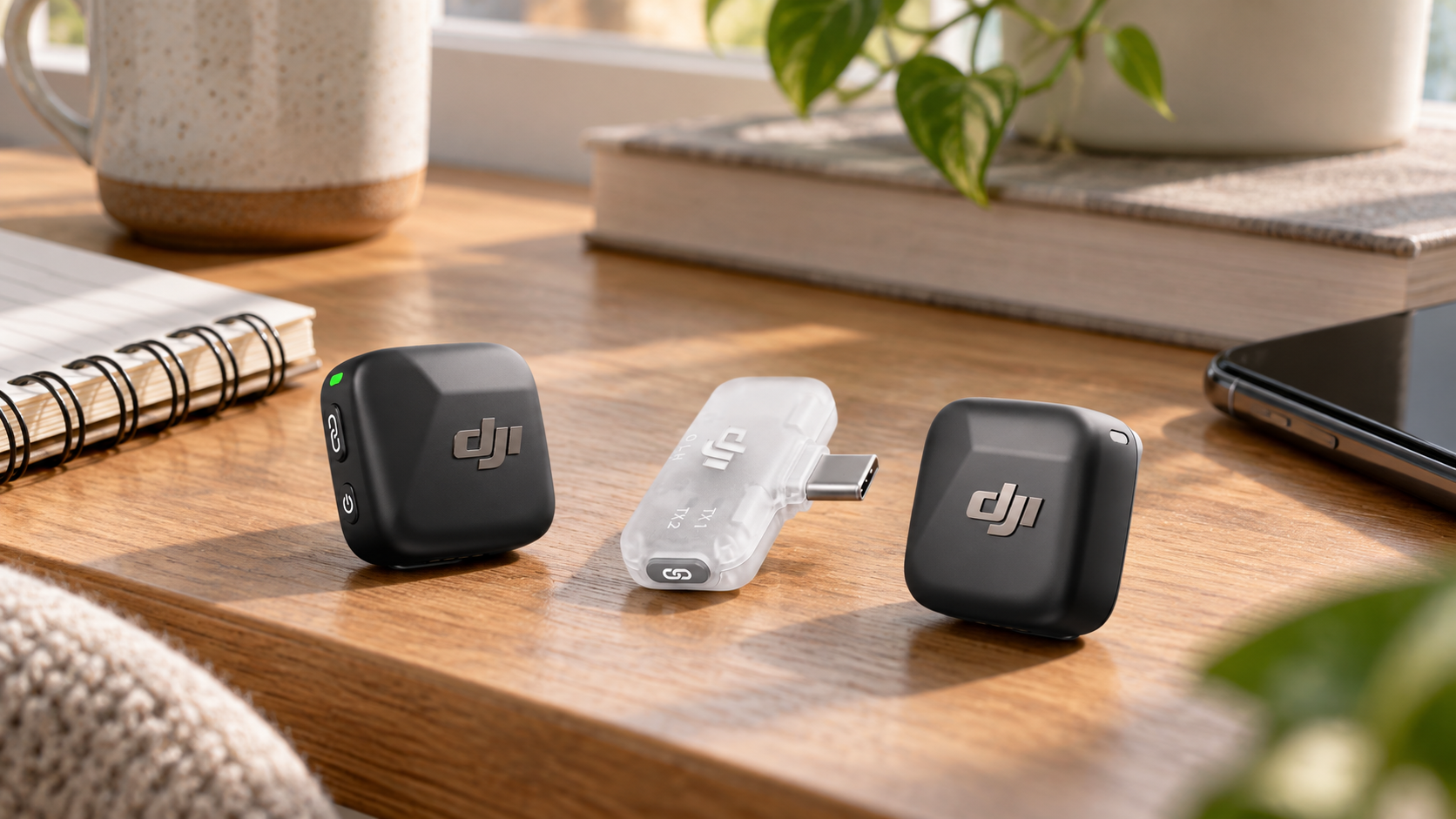 The two transmitters and mobile receiver included in the DJI Mic Mini kit