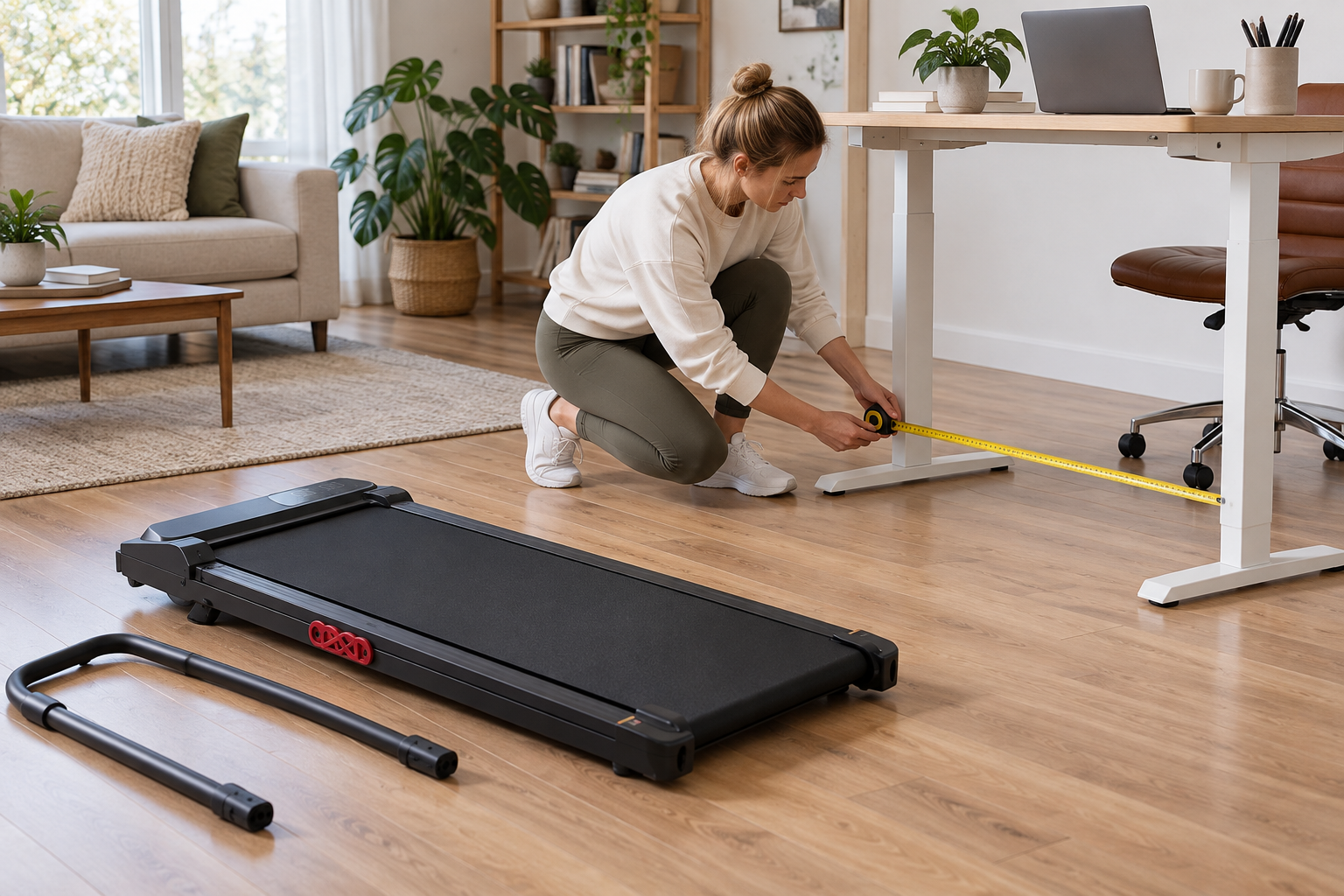 Measuring a desk opening before placing a walking pad.