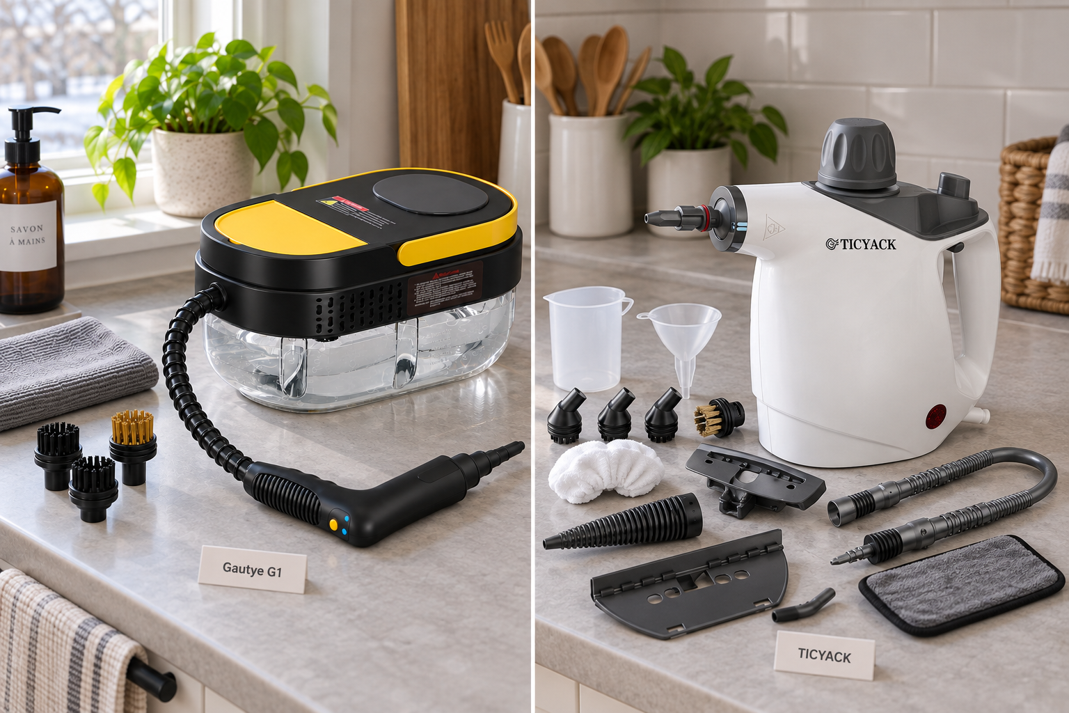 Photographic comparison of separate-body and handheld steamer formats.