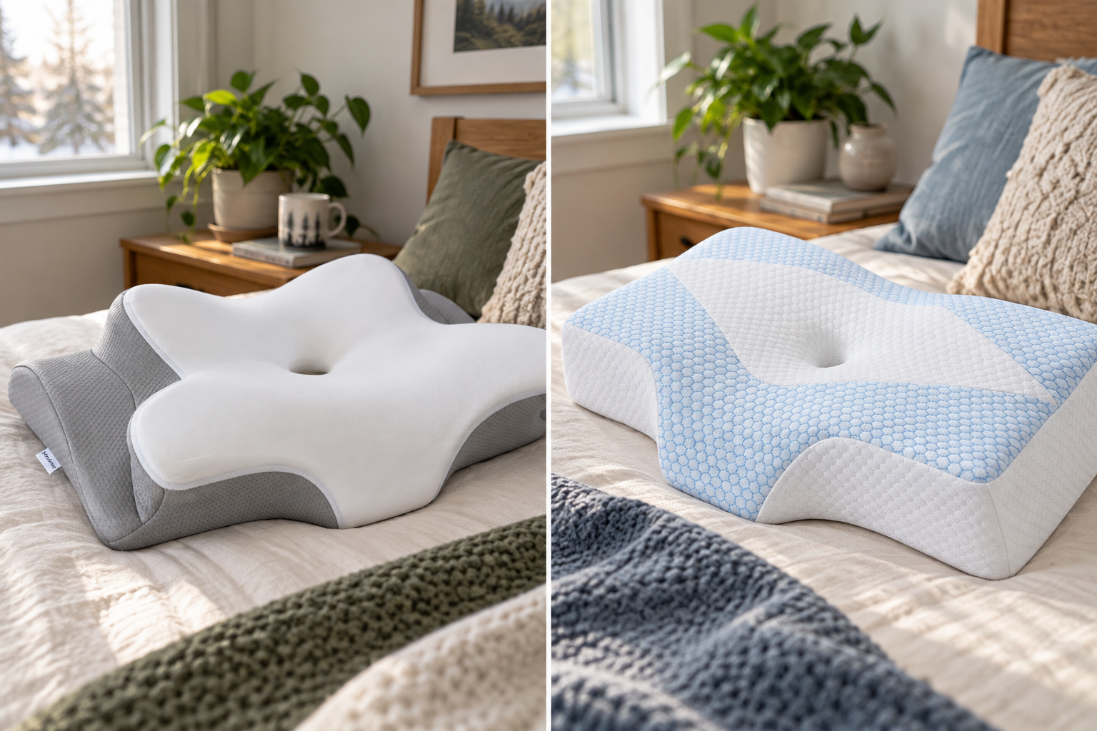 Close views of the two pillows’ different cover fabrics.