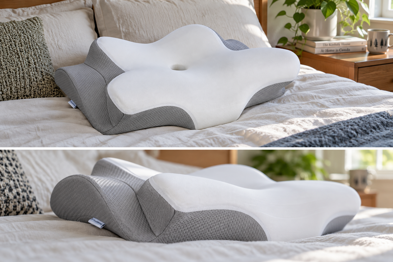 Two photographic views of the Missleep pillow’s raised edges and centre.