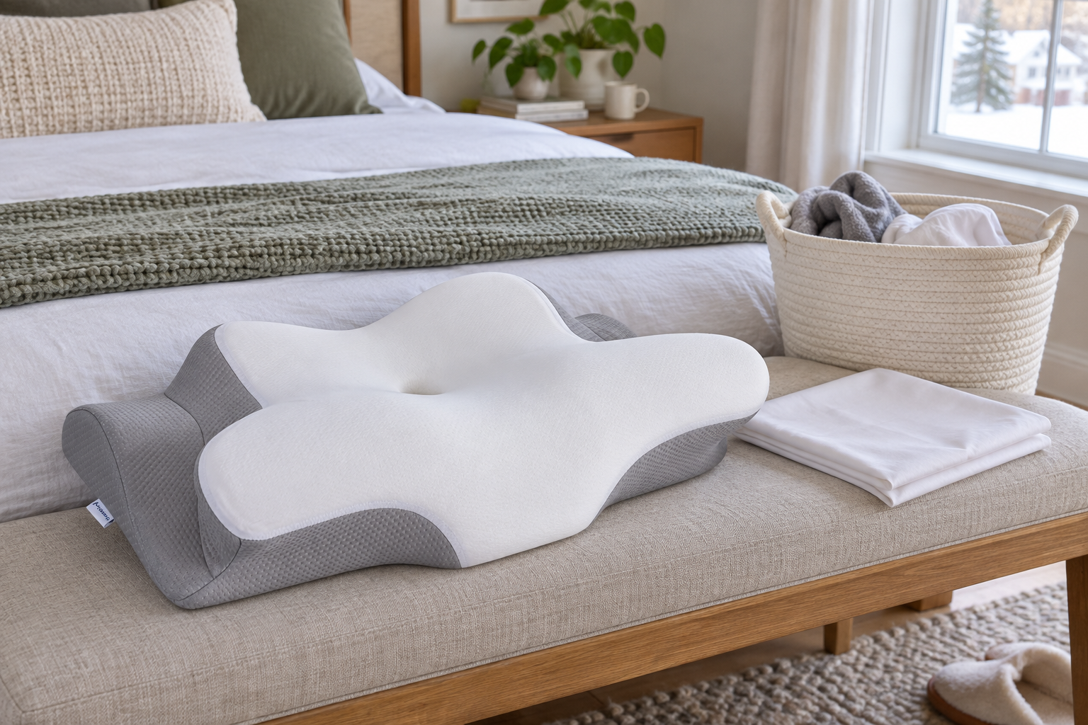 Missleep pillow beside folded bedding and a laundry basket.