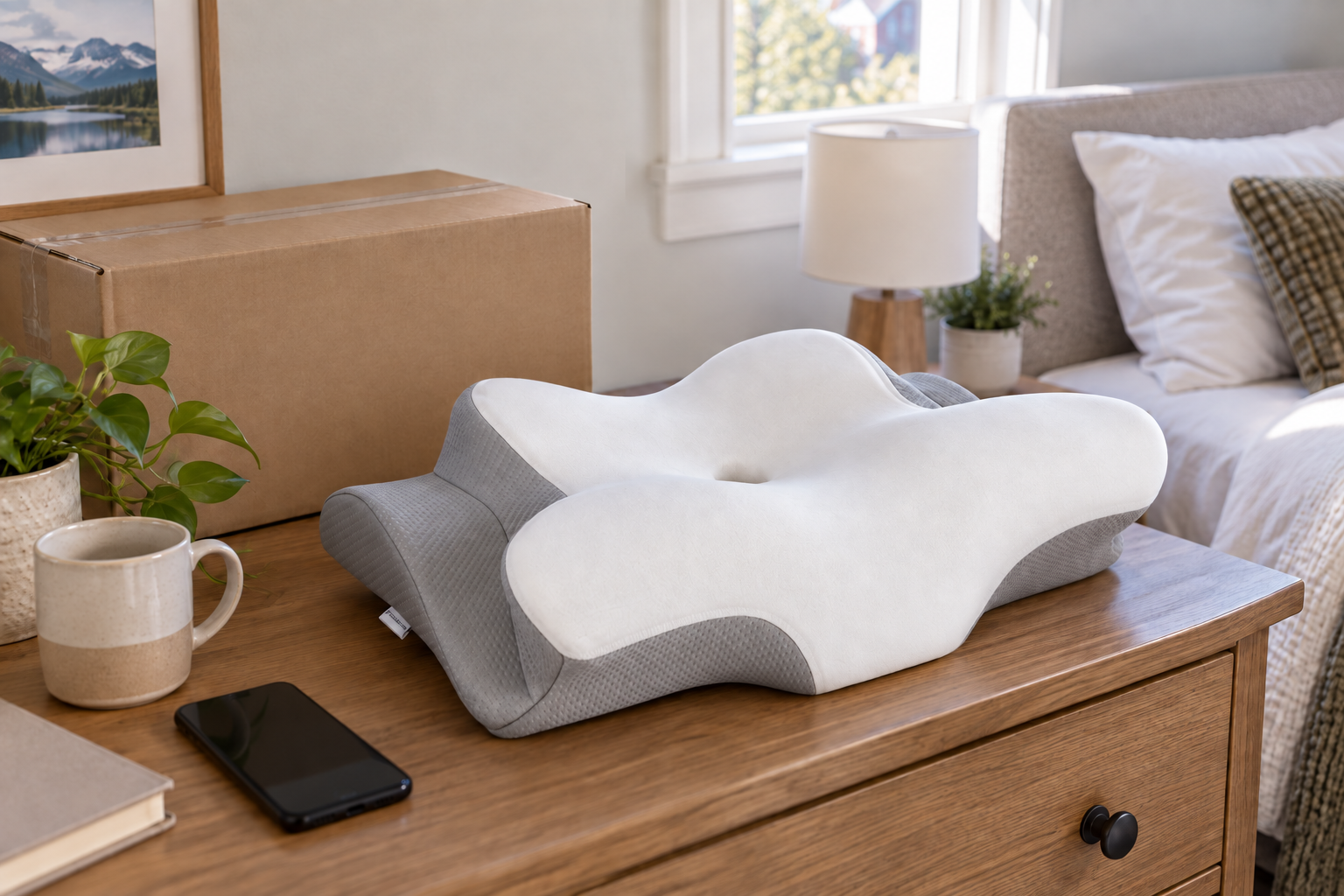 Missleep pillow and packaging in a bedroom.