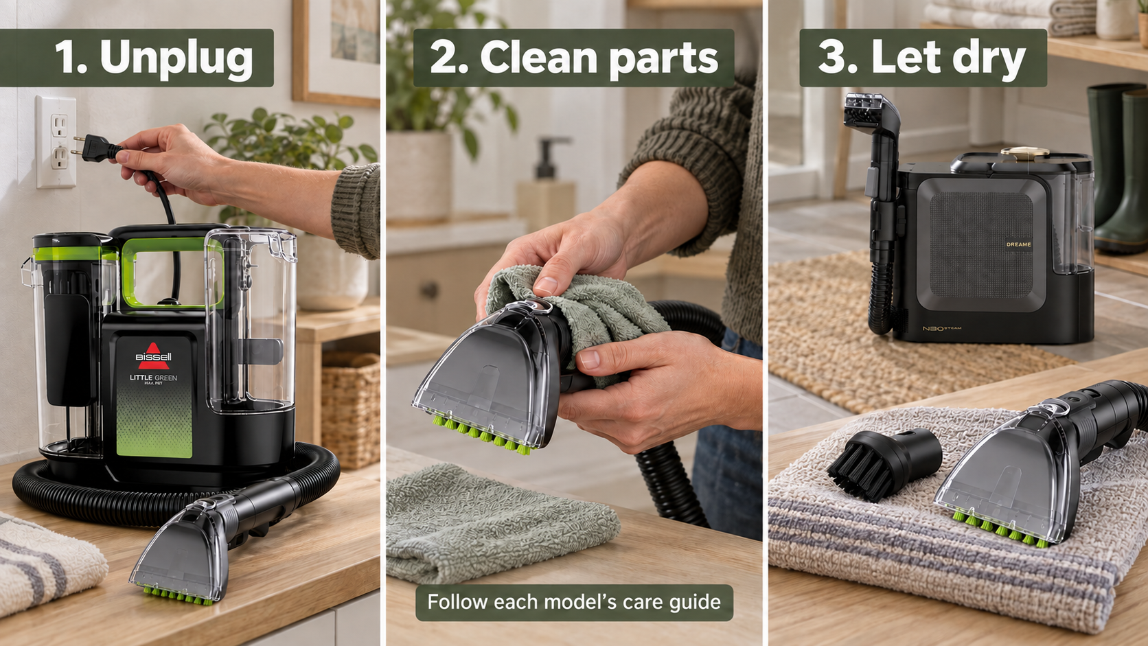 Three illustrated maintenance steps: unplug, clean supported nozzle parts, and let attachments dry on a towel