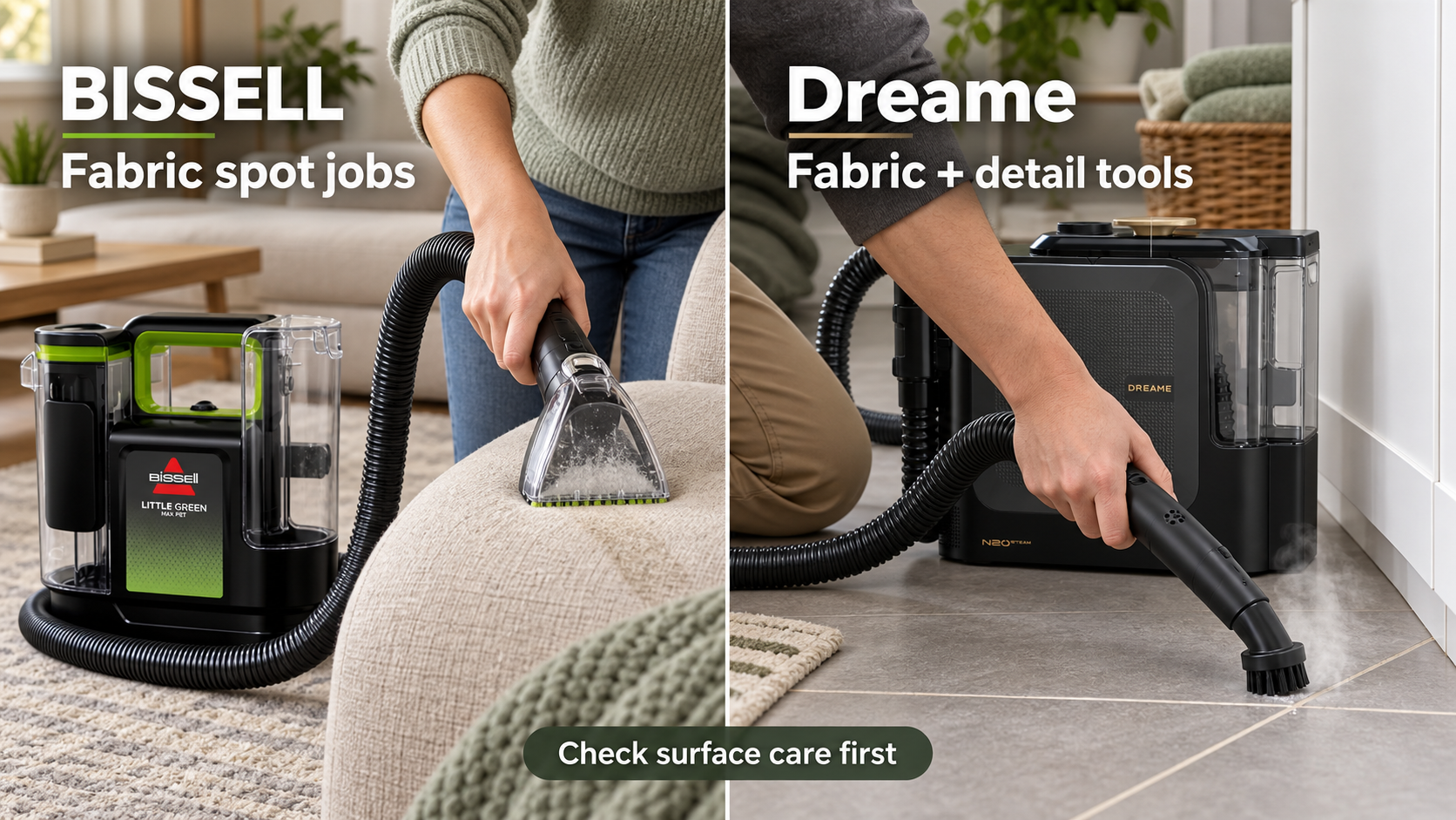 Hands use the BISSELL upholstery tool on a sofa and the Dreame detail brush on a compatible tile joint