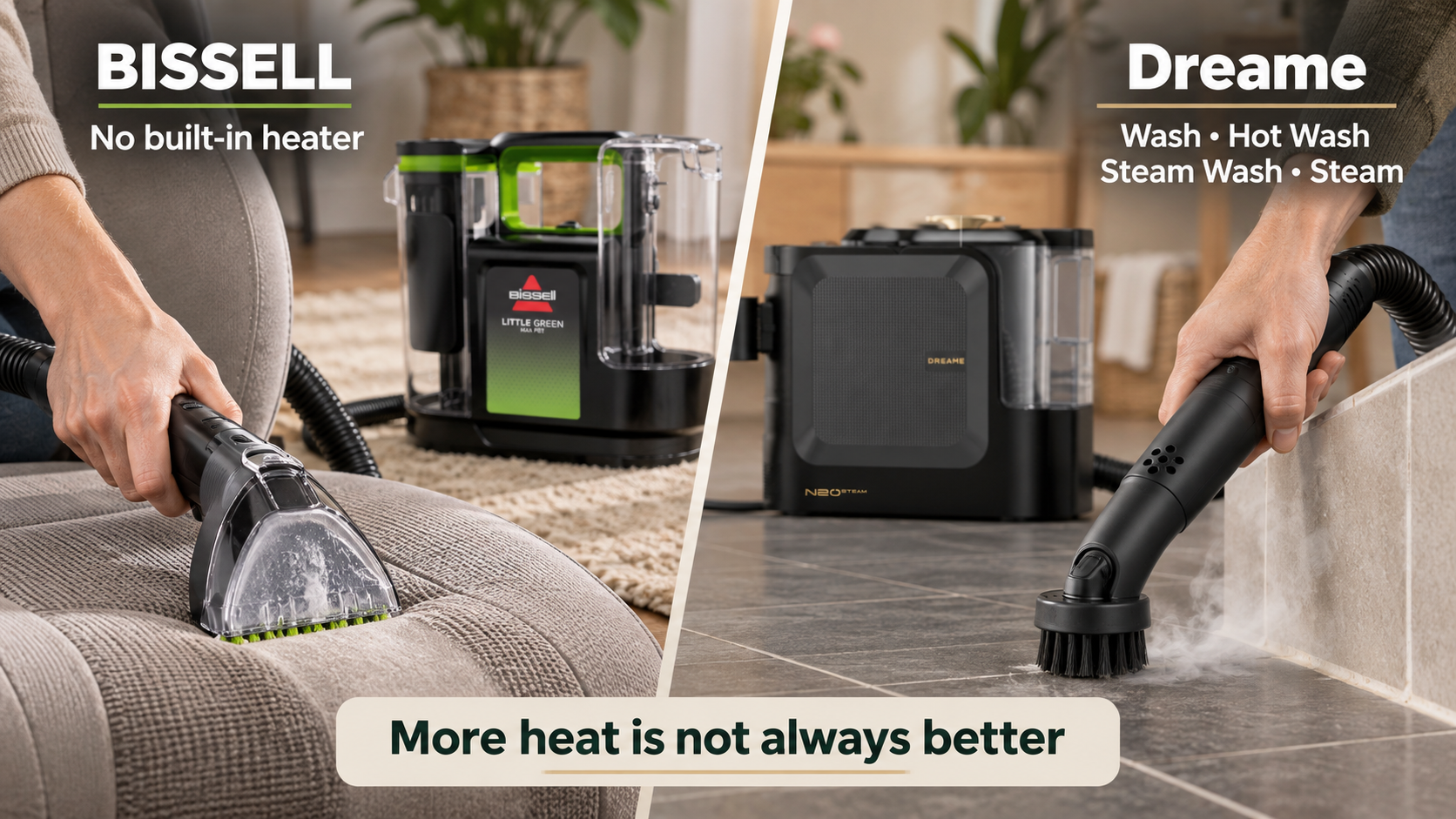 BISSELL fabric extraction and Dreame steam-detailing tools shown in use with their different mode options labelled