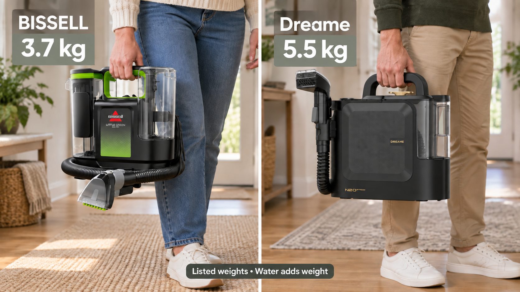 Adults carry the BISSELL and Dreame cleaners by their actual handles, with listed machine weights shown