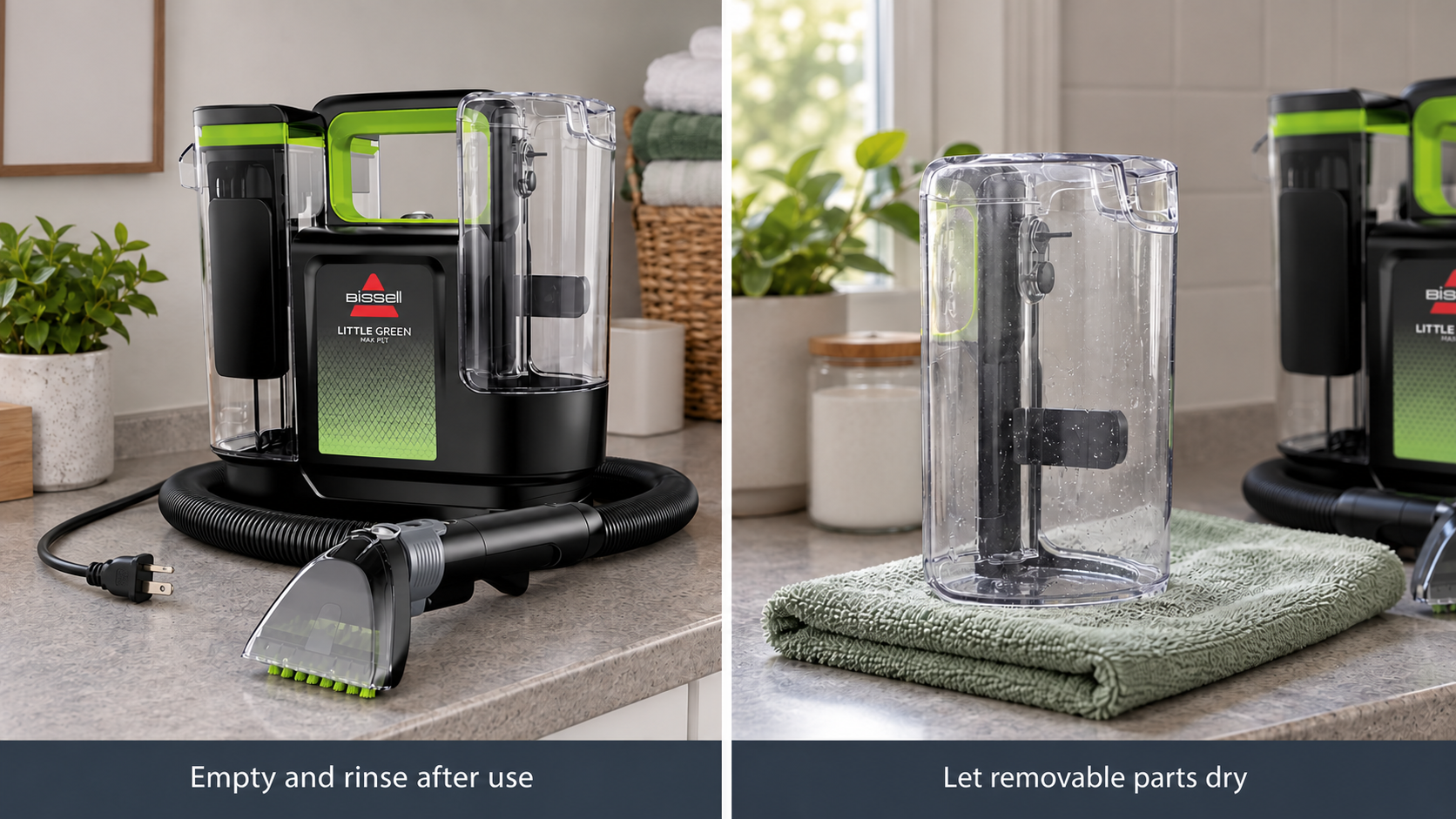 BISSELL machine and removable dirty-water tank in a dry utility area