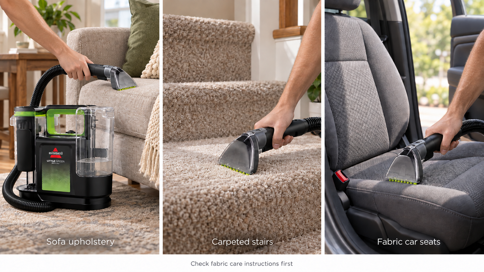 Sofa upholstery, carpeted stairs and fabric car seats as potential spot-cleaning uses