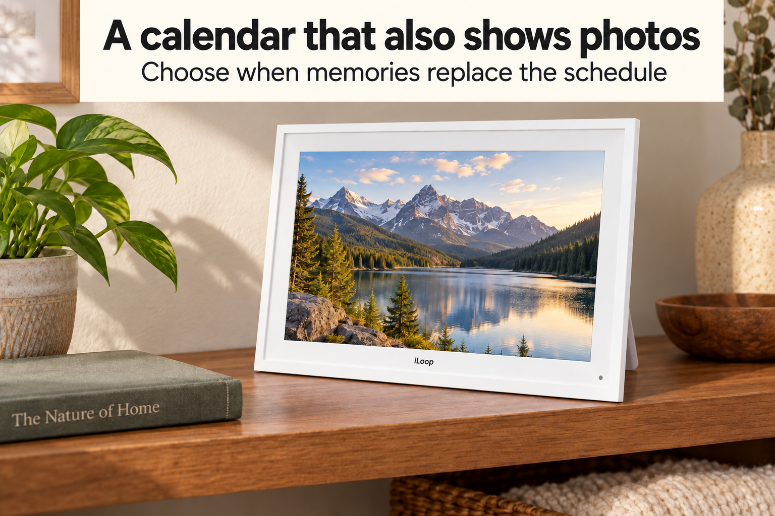 White iLoop frame on a shelf displaying a mountain photograph, with a caption about switching between photos and the schedule.
