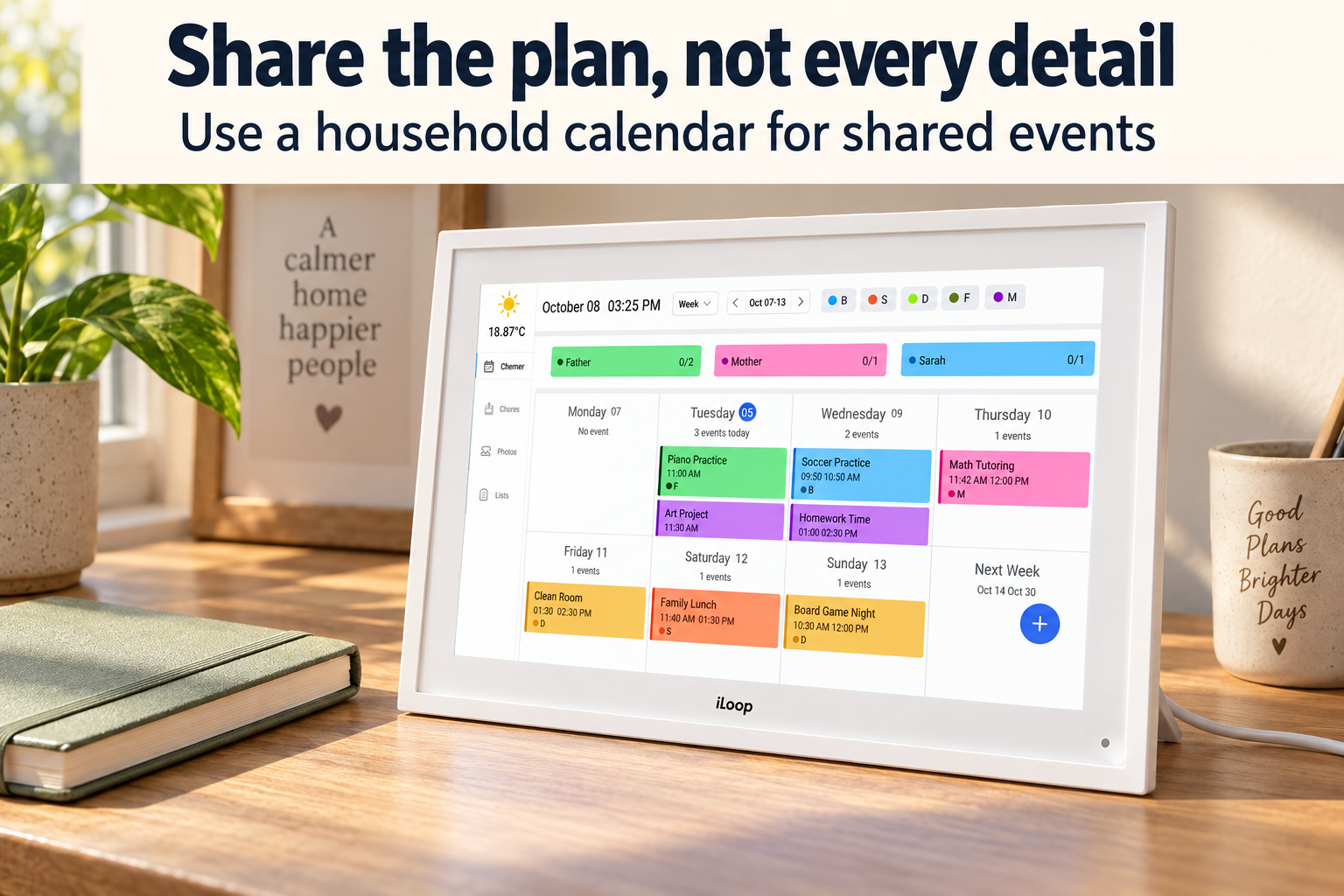 iLoop calendar resting on a desk beside a notebook, with text recommending a household calendar for shared events.