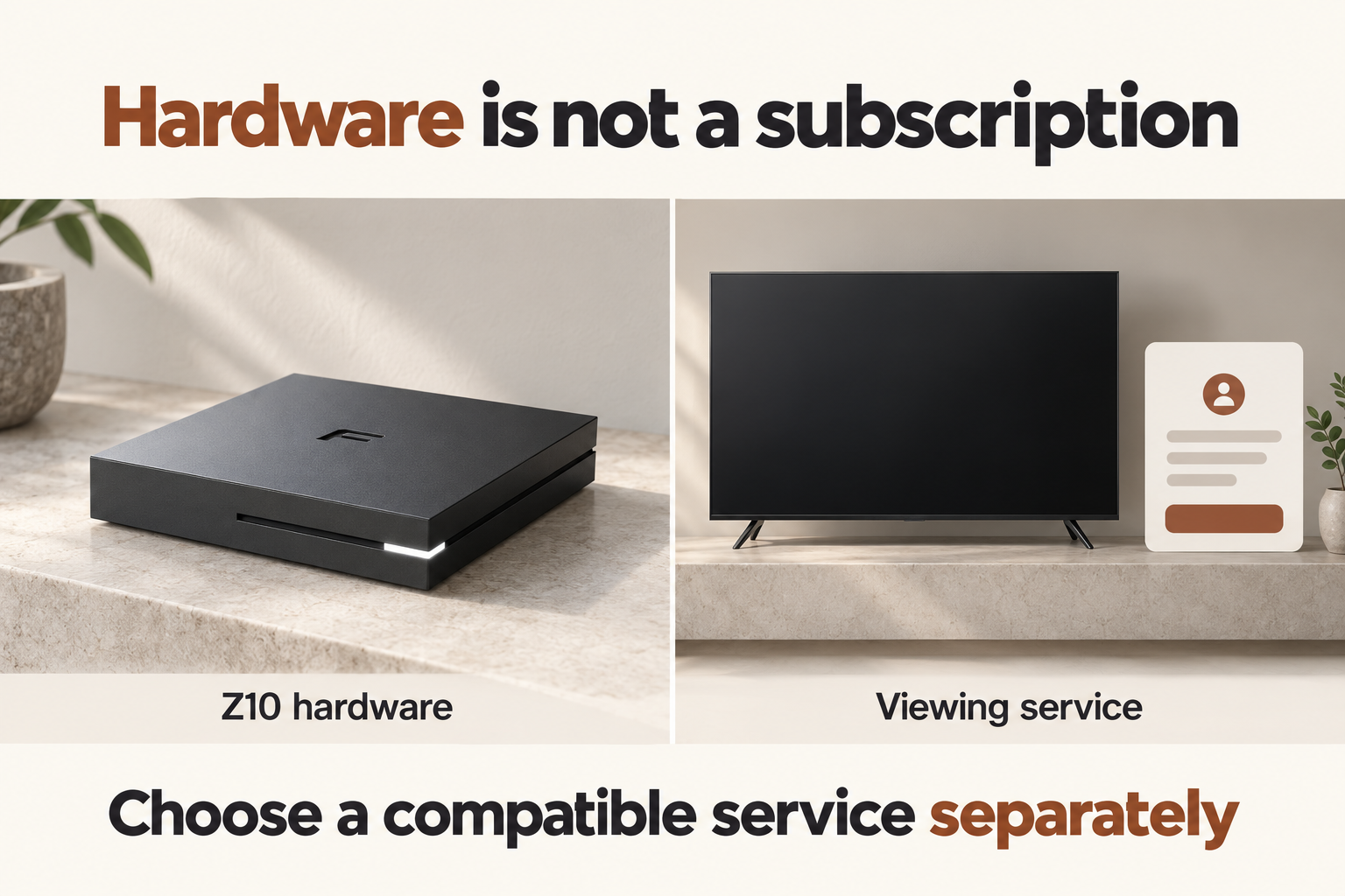 Formuler Z10 hardware and a television in separate panels explaining that a compatible viewing service is arranged separately.