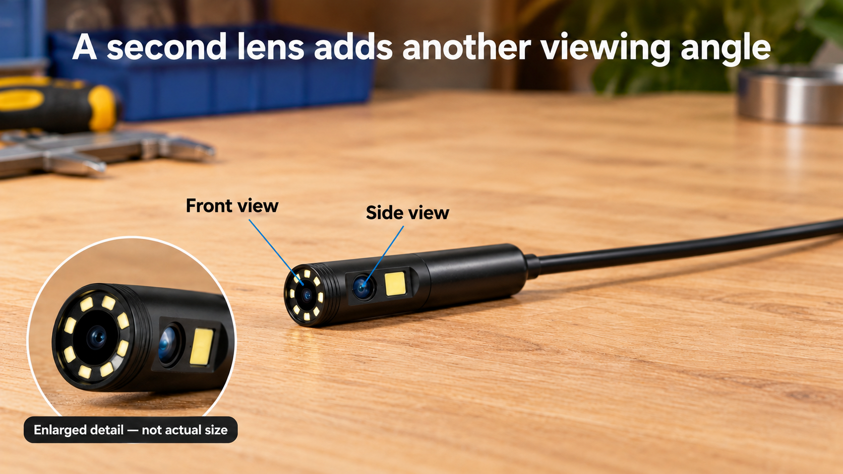 Enlarged camera-tip illustration showing viewing direction, not actual size.